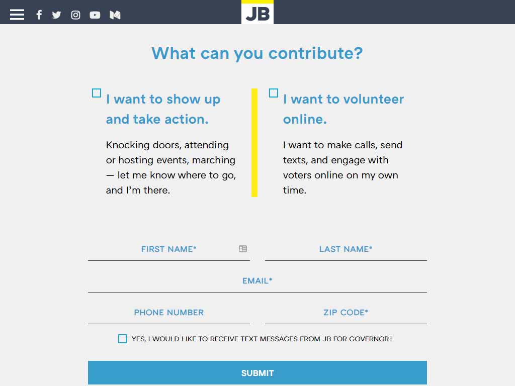 A volunteer form on the JB Pritzker campaign site